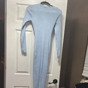 Light Blue Ribbed Long Sleeve Dress